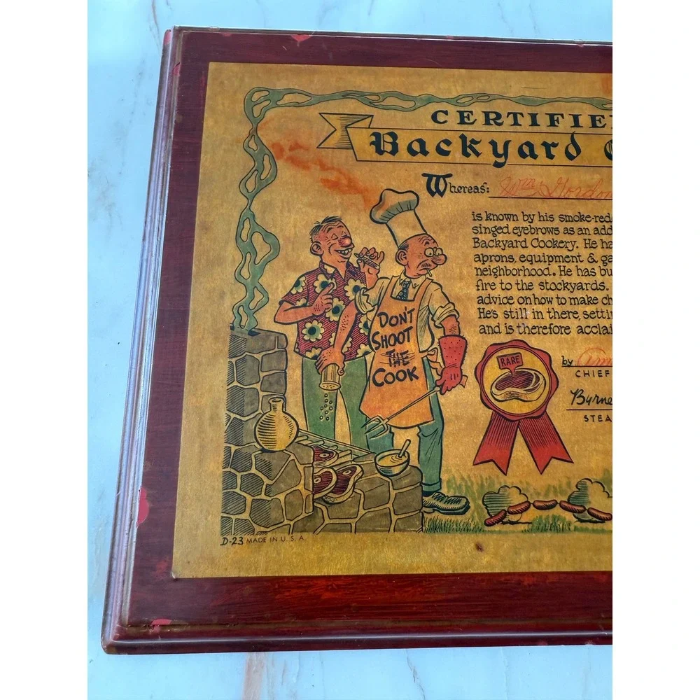 Vintage 1957 Certified Backyard Chef Framed BBQ Kitchen Wall Art